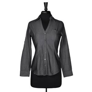 Express Women's Shirt Button Up Gray Chambray V-Neck Long Sleeve Blouse Top S